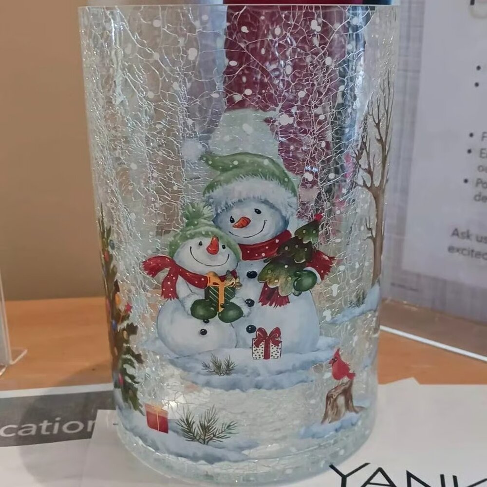 YANKEE CANDLE Snowman Crackle glass Large Hurricane Jar Candle Holder NEW
